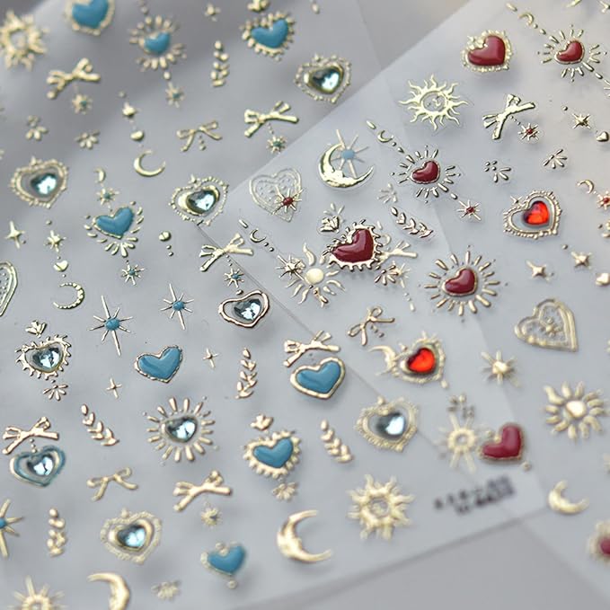 Heart Nail Sticker Decals Star Moon Nail Art Stickers with Diamond Design Red Blue Nails Decals 5D Embossed Self Adhesive Love Nail Charms for Women Girls Kid Manicure Supply Decoration Accessories