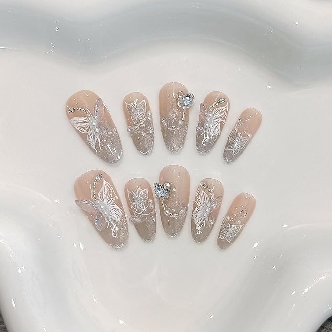 3D Butterfly Cat Eye Glitter French Press on Nails Medium Almond,Galaxy Icy Shimmer Rhinestones Designs with Full Manicure Kit 10pcs(L)