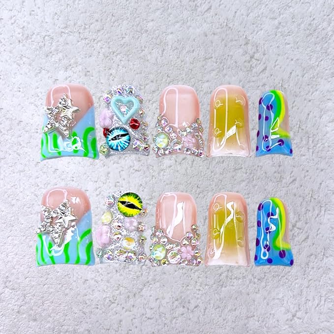 10 Pcs Handmade Duck Press on Nails Short Design 3D Stars Colorful Fake Nails Full Cover Thick French Tip False Nails with Rhinestone Acrylic Reusable Stick on Nails for Women DIY Decoration（Size M）