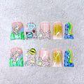 10 Pcs Handmade Duck Press on Nails Short Design 3D Stars Colorful Fake Nails Full Cover Thick French Tip False Nails with Rhinestone Acrylic Reusable Stick on Nails for Women DIY Decoration（Size M）