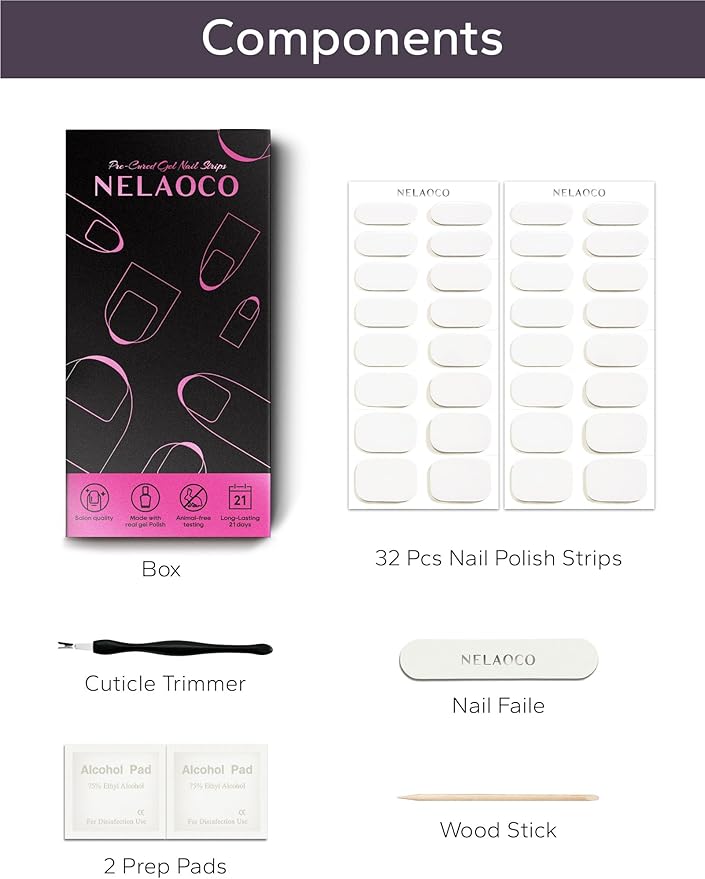 Nail Polish Strips – 32PCS UV Free Salon Quality Wraps, Long Lasting Gel Nail Stickers for Women (Ethereal White)