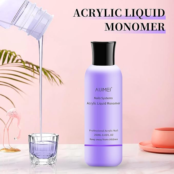 AIJIMEI Acrylic Liquid Monomer 250ML/8.5FL.OZ with Nail Brushes for Acrylic Powder Nail Liquid Monomer For Nails Powders & Liquids