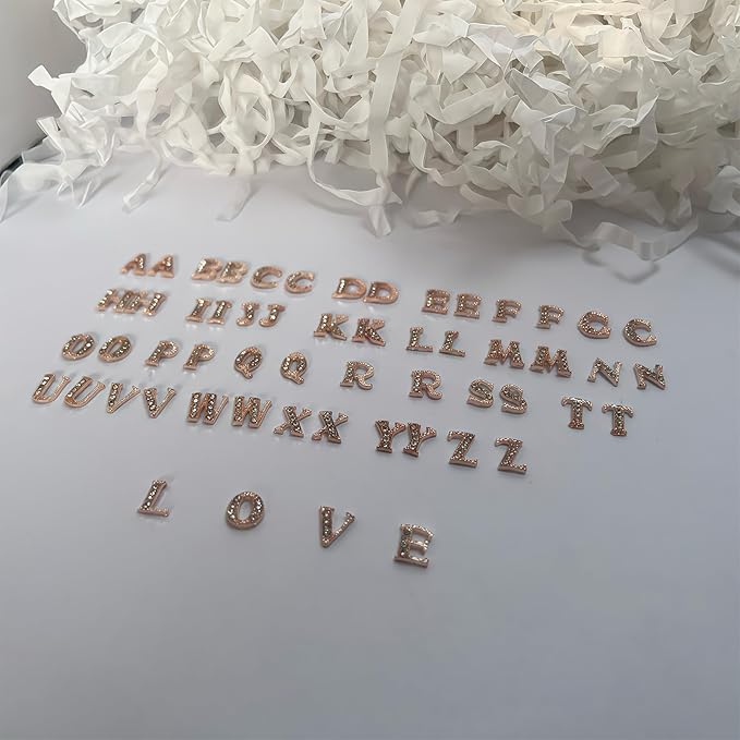 52 Pcs 3D Rose Gold Nail Charms Letters Initial Charms for Nails Nail Letter Charms Alphabet Rhinestone Letter Nail Charms for Nail Art Design Decoration DIY Craft