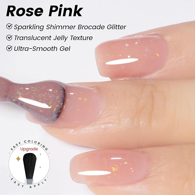 YTD Likomey Gel Nail Polish,Nude Glitter 15ml Rose Pink Brocade Shimmer Jelly Translucent Neutral Holographic Iridescent Sparkly Flakes Salon UV Manicure Nail Art Varnish,SF368
