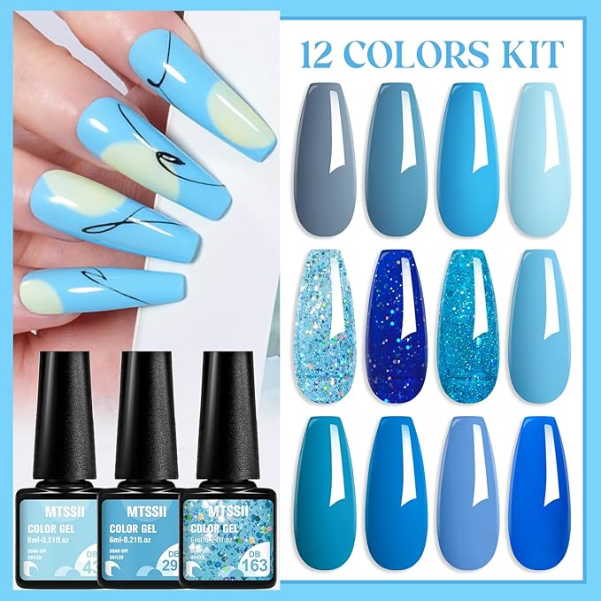 MTSSII Blue Gel Nail Polish Set 12 Colors, Royal Blue Sky Blue Glitter Navy Blue Nail Gel Polish Kit Light to Dark Shades Soak Off Nail Art Salon Design Home Manicure Holiday Gift for Women Girl