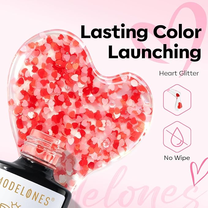modelones Valentines Gel Nail Polish, 2 Pcs 15 ML Pink Red Gel Polish Hot Pink Red Love-heart Glitter Gel Polish Shimmer Spring Soak Off LED Nail Art DIY Gift For Women Girl