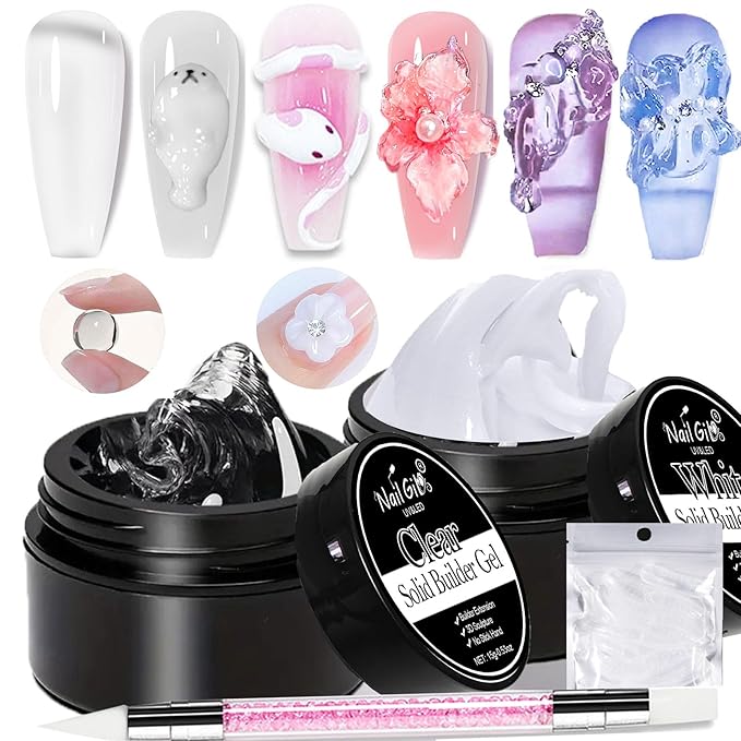 NAILGIL Clear and White Solid Builder Gel For Nails, Non-Sticky Hand 3D Sculpture Gel Nail Art Extension Sock Off UV LED Salon DIY at Home-30g/1oz