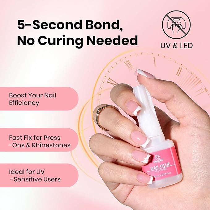 Beetles Press On Nail Glue Quick-Drying 10ml Super Strong Nail Glue, Brush on Glue for Acrylic & Fake Nails, No Uv Light Needed, Long Lasting Spring Nails, DIY Home Manicure