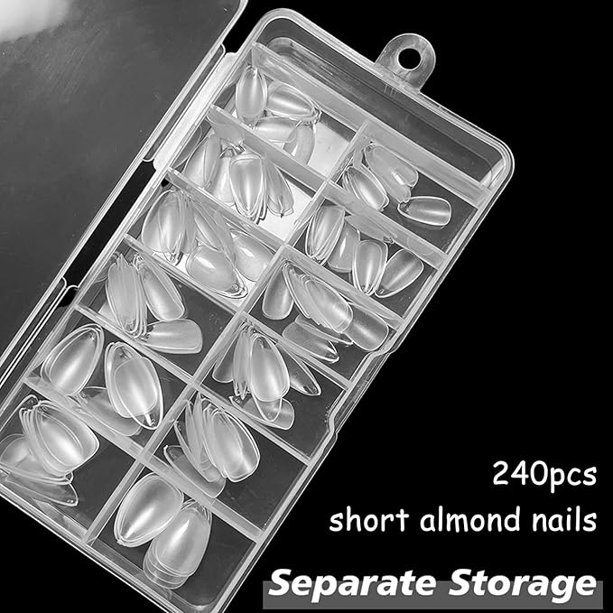 AddFavor Short Almond Gel Nail Tips, 240pcs Acrylic Nail Tips Almond Full Cover Clear Press on Nails False Tips for Nail Extension, 12 Sizes Short Fake Nails
