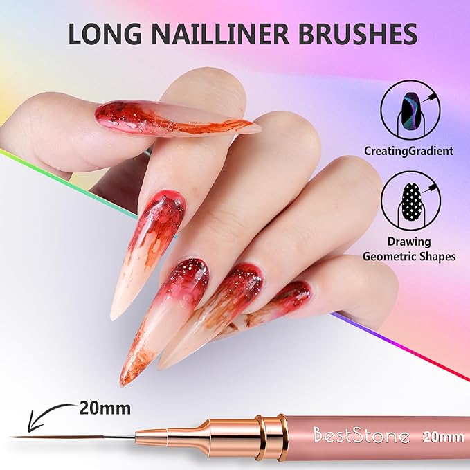 Nail Art Liner Brushes, 5Pcs Professional Gel Polish Painting Art Design Pen Set for Long Lines, Thin Details, Fine Drawing Sizes 5/7/9/11/20mm Nail Art Design Gift for Women(Champagne Gold)
