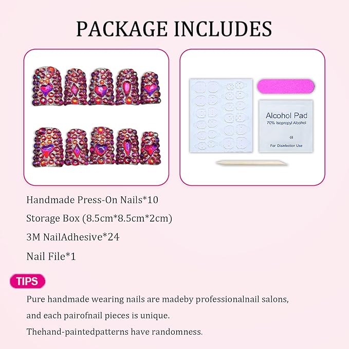 Handmade Press on Nails with Full Covered Luxury Rose Red Rhinestone Crystals False Nails Designs Reusable Muti-Layer Gel Stick on Nail Short Duck Thick Acrylic Fake Nails for Women（S)