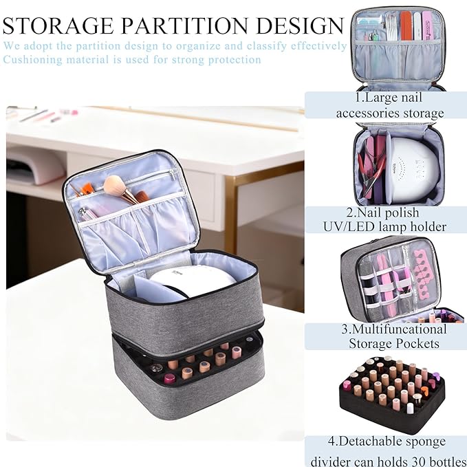 Nail Polish Organizer, Nail Polish Storage Holds 30 Bottles & Nail Lamp, Double Layer Nail Bag Organizer Case, Portable Nail Polish Holder for Nail Tech Travel & Manicure Kit