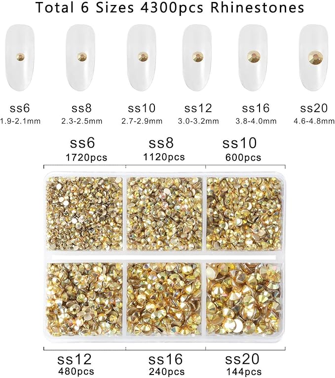 Beadsland 4300pcs Flatback Rhinestones,Gold Rhinestone Nail Gems Round Crystal Rhinestones for Crafts,Mixed 6 Sizes with Picking Tweezers and Wax Pencil Kit, SS6-SS20,Metal Sunlight