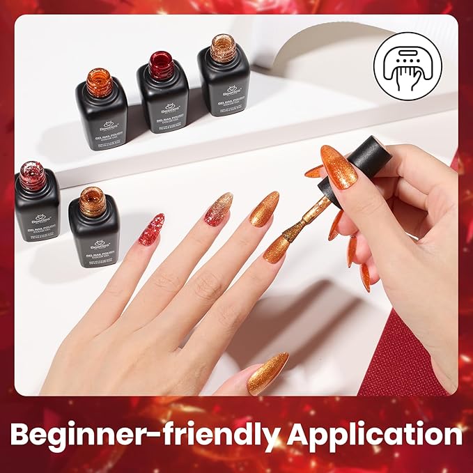 beetles Glitter Red Gel Polish - Passion Rush Collection Glitter Nails, Red Orange Gold Gel Polish Shimmer Nails Art Soak off Uv LED Manicure Gift Set Nail Trend Gift for Women