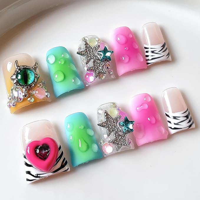 Luxury Press on Nails Short Duck Handmade 3D Unique Reusable ABS Material Fake Nails French Tip Y2k False Nails with Designs Stars Heart Rhinestones Gradient Glossy Glue on Nail Thick Acrylic Nail(M)
