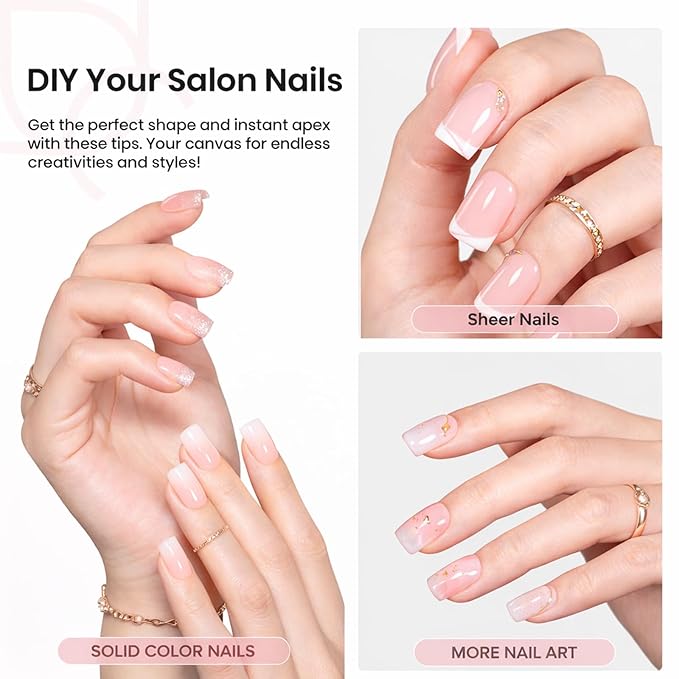 Beetles Tipex Lite Instant Apex Nail Tips, XS Short Square, 16 Sizes | 00–14, Built-in Apex Acrylic Tips for Flat & Natural Nail Beds, Beginner-Friendly Easy DIY Nail Extensions
