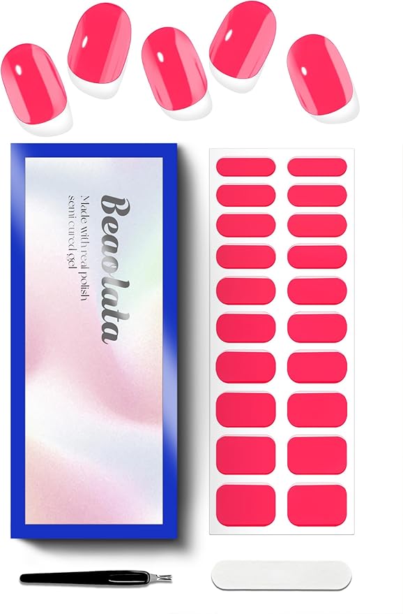 Semi Cured Gel Nail Strips - UV Light Gel Nail Stickers - 20 Long Lasting Salon Quality Wraps (Sizzling Pink)