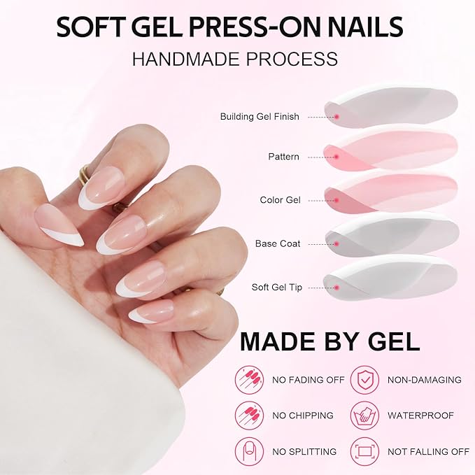 French Tip Press On Nails Almond - Findigit Natural Fake Nail Short with Glue,Supremely Fit & Natural Glue On Nails with Nail in 16 Sizes - 32 Nails Kit,White
