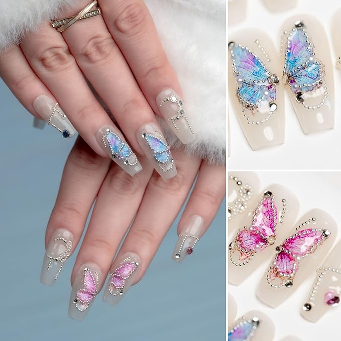 Sun&Beam Nails Handmade Nail Tips Medium Long Ballerina Coffin Fake Nails White Pearl Colorful Butterfly Popular Stylish Cute Fake Nails 10 Pcs (#90 L)