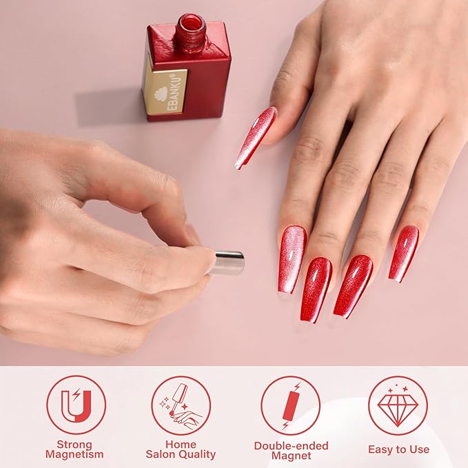 EBANKU Christmas Red Cat Eye Gel Nail Polish, Cat Eye Gel Polish with Magnet 15ML 0.5 OZ Holographic Glitter Shimmer Translucent Jelly Color Magnetic Polish Salon DIY at Home