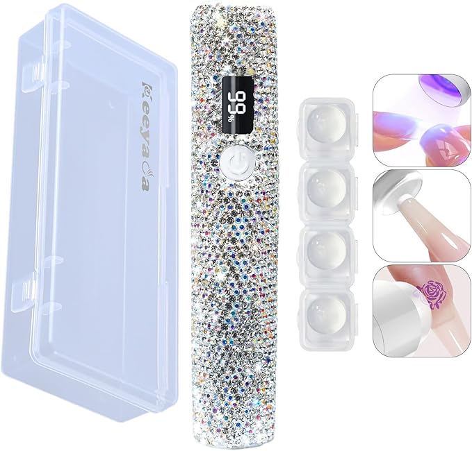 Handheld UV Light with Sparkly Rhinestones, 3W Portable LED Nail Lamp, Wireless Rechargeable USB Nail Dryer with Silicone Stamper Display Screen for Fast Curing Home DIY Manicure White