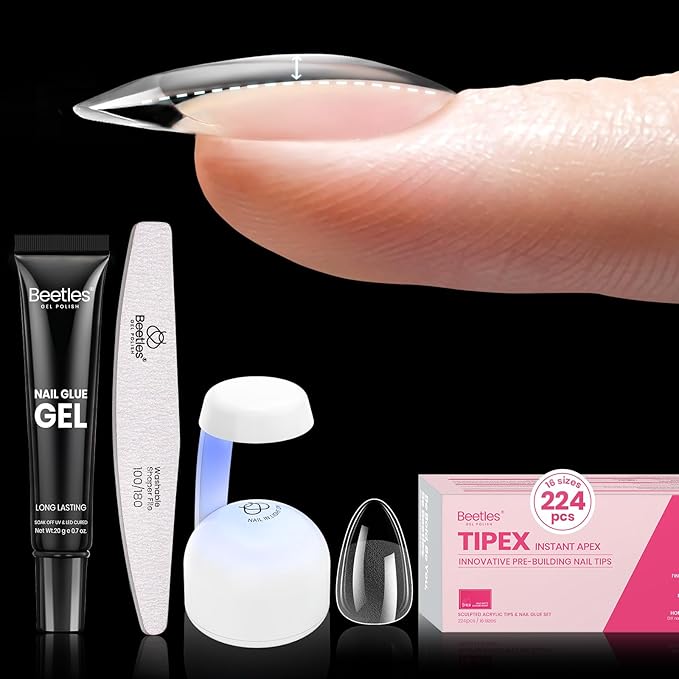 Beetles Tipex Nail Tips Kit Almond Short, 224Pcs 16 Sizes,Pre-building Pre-Etched Strong Thicker Acrylic Tips with Mini U V Lamp Tipex Nail Glue