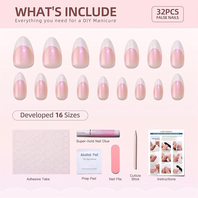 RTKHFZE French Tip Press On Nails Almond-Gel Press on Nails Short,Soft Gel Fake Nails,Supremely Fit & Natural Reusable Stick On Nails in 16 Sizes - 32 False Nails Kit with Glue