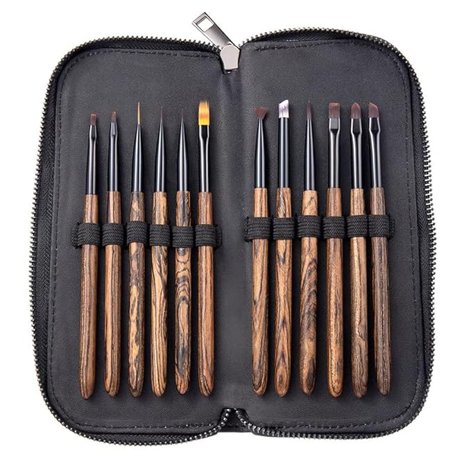 Nail Art Brushes Set, 12 Peices Professional High-end Sandalwood Nail Art Design Pen Painting Tools with Leather Pouch, Nail Art Liner Brush and Nail Dotting Pen for Gel Polish Manicure Salon DIY at Home (Coffee)