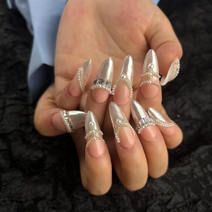 Large Trendy Handmade Press On French Nails Medium Almond Shape,10Pcs Thick Acrylic Fake Nails with 3D Pearl Cute Design Clip On Nail for Woman Gift