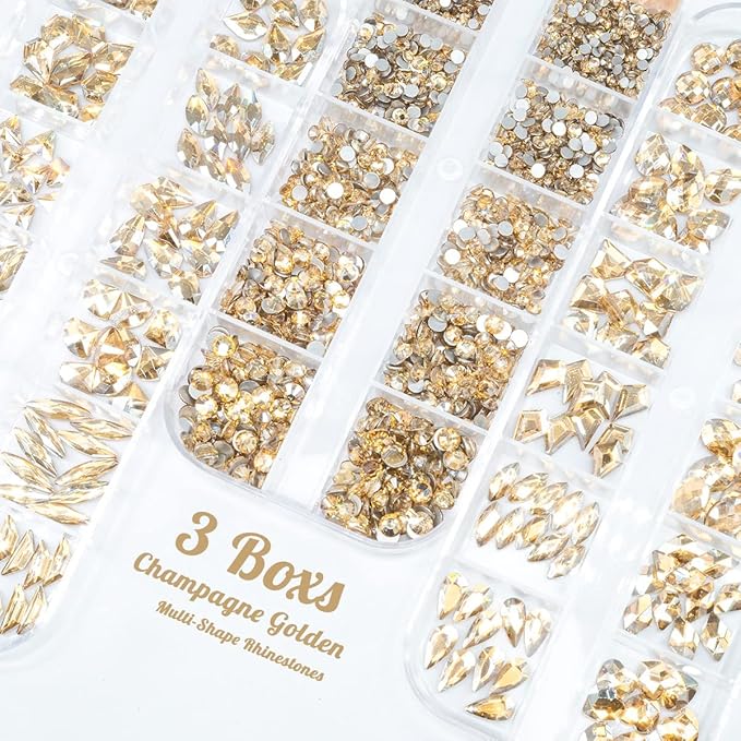 3 Boxes Champagne Gold Nail Rhinestones 240 Multi-Shapes Golden Stones Big Gems Round Beads K9 Glass Diamonds Jewels Crystals Nail Art Charms for Nails Face Eyes Makeup Tumblers Bottles Clothes