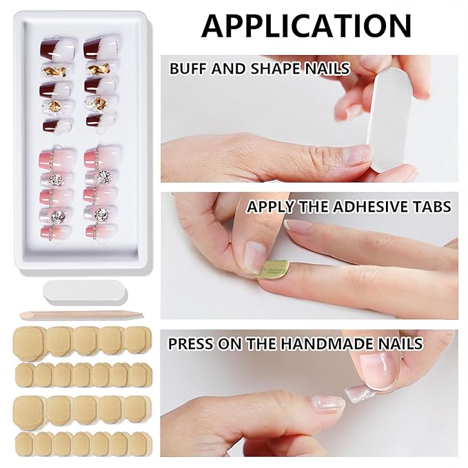 2 Packs Press On Nails Handmade Rhinestones Charms DIY Reusable Adhesive Tabs False Fake Nail, Set #02, Size S