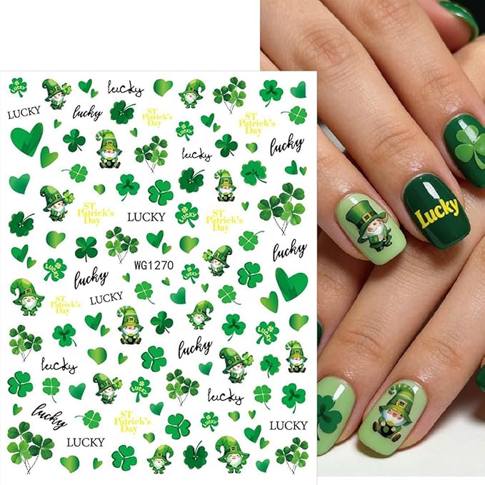8 Sheets St Patricks Day Nail Art Stickers Set Green Shamrock Stickers for Nails 3D Self-Adhesive Design Decals Irish Personalized Lucky Clover Nail Sticker for Women DIY Manicure Decoration