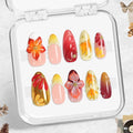 Warm Sunset Press On Nails 10pcs, Handmade Acrylic Almond Tips with 3D Hibiscus Flowers, Orange & Gold Ombre Glossy Design, Maple-Inspired Accents for Parties & Everyday Style – Appife