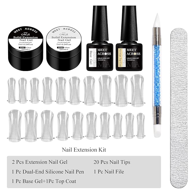 MEET ACROSS All-in-One Extension Mini Kit 2×7ml Non-Sticky Builder Gel Starter Kit WIth Base & Top Coat/Dual-Silicone Pen/Pro File/20-Pc Reusable Dual Forms Salon-Grade Extensions (Clear+White)