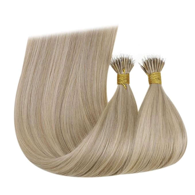 RUNATURE 24 Inch Nano Bead Hair Extensions Human Hair Blonde Highlights Light Blonde Nano Hair Extensions Real Hair Full Ends Long Straight Hair for Women 50G 50S #8P60