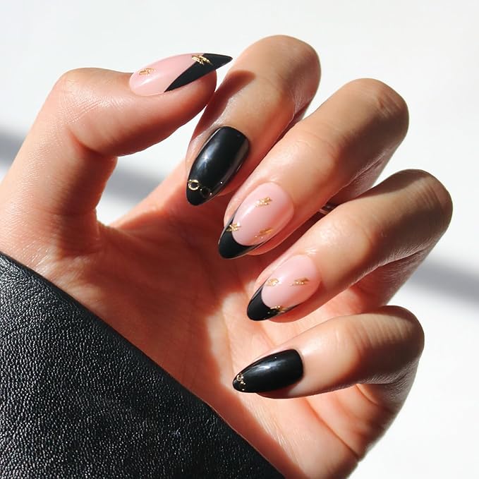 Glamnetic Press On Nails x Harry Potter™ - Harry Potter™ | Short Almond Fake Nails with Black French Tips, Glasses & Hidden Lightning Details, Officially Licensed | 15 Sizes - 30 Nail Kit with Glue
