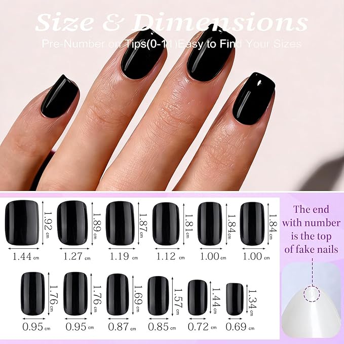 Black Press On Nails Square -Short Press On Nails with Nail Glue, Fit Perfectly & Natural Reusable Stick On Nails in 12 Sizes - 24PCS Soft Gel Glue On Nails Kit