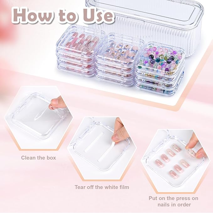 Press On Nail Orgnizer 12pcs 3.3inch Clear nail storage box and 1 large storage box for Press On Nail Packaging and fake Nail Storage Nail Display with double sided tape.