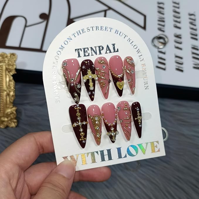 Handmade Press on Nails Long Stiletto - Wine Red French with 3D Cross & Wave Charms | Reusable & Enamel Glossy False Nails | Gothic Classical Style(S)