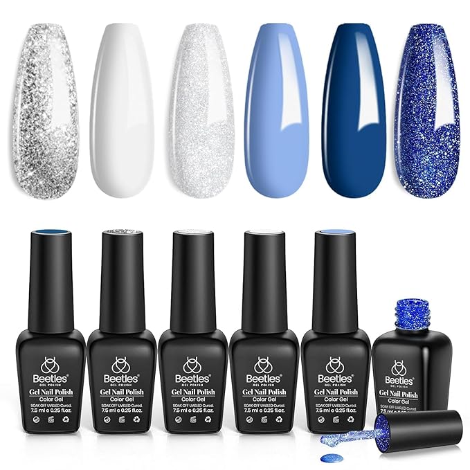beetles Gel Polish Set, Glitter Snowflakes Collection Blue Polish Set, White Glitter Navy Blue Silver Nails Color Gel Soak off UV LED Lamp Gift for Her