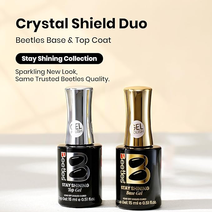 Beetles Gel Base and Top Coat Set 2Pcs 15ml, Stay Shining No Wipe Top Coat Gel Nail Polish & Strong Adhesion Base Coat Long Lasting High Gloss UV Lamp Needed Nail Art Design Manicure Gifts for Women