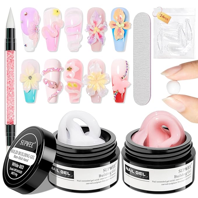 Nude and White Molding Gel for Nails 3d Sculpting Gel Non Stick Hand Solid Builder Gels for Nail Extension Sculpting Modeling for Carving Patterns Decoration Home Manicure DIY for Women