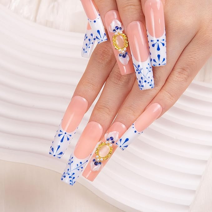 LOVFUL Press on Nails Porcelain Blue| Handmade with Full Covered Crystals| Reusable Fake Nails| Square Mid length 1.7in| H273-S
