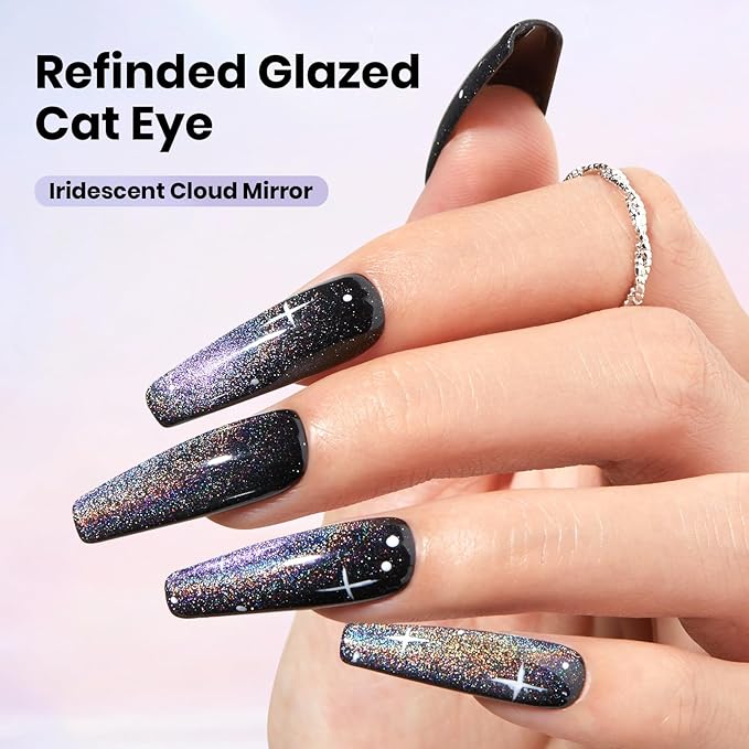 Beetles Stay Shining Silver Cat Eye Gel Nail Polish - 15ML Silver Glitter Cat Eye Gel Polish Rainbow Glow with Magnet Soak Off UV Salon DIY Manicure Iridescent Cloud Mirror Collection Gift for Women