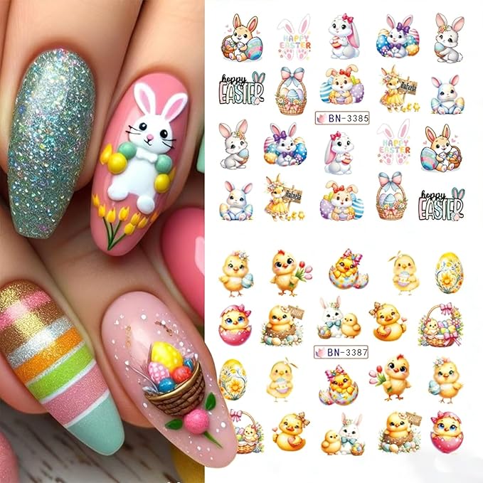 Easter Nail Art Stickers Decals 3D Self-Adhesive Nail Art Accessories Cartoons Bunny Chick Egg Designs Sticker Lovely Easter Rabbit Manicure DIY Nail Decorations 12 Sheets