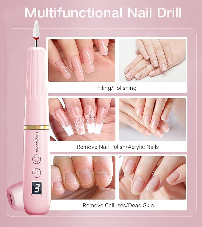 Electric Nail Drill Machine File Efile Set for Acrylic Gel Nails Portable Nail Drill Machine Kit Rechargeable Pedicure Tools for Hand Feet Manicure Pedicure Tools Polishing Set (Pink)