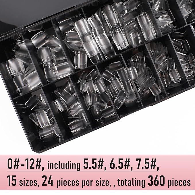 Square Nail Tips Extra Short Thicken Soft Gel Nails Pre-etched XS Clear Full Cover Press on Acrylic Fake Nail Extension for Manicure Salon Home DIY 360Pcs 15 Sizes Black Box Collection