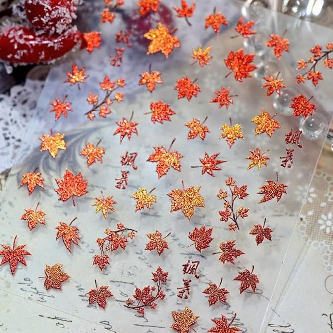 Maple Leaves Nail Stickers 3D Self Adhesive Orange Nail Art Stickers 5D Embossed Colorful Leaf Nail Decals Fall Autumn Nail Designs Cute Yellow Nail Art Supplies for Women Girls 1 Sheet
