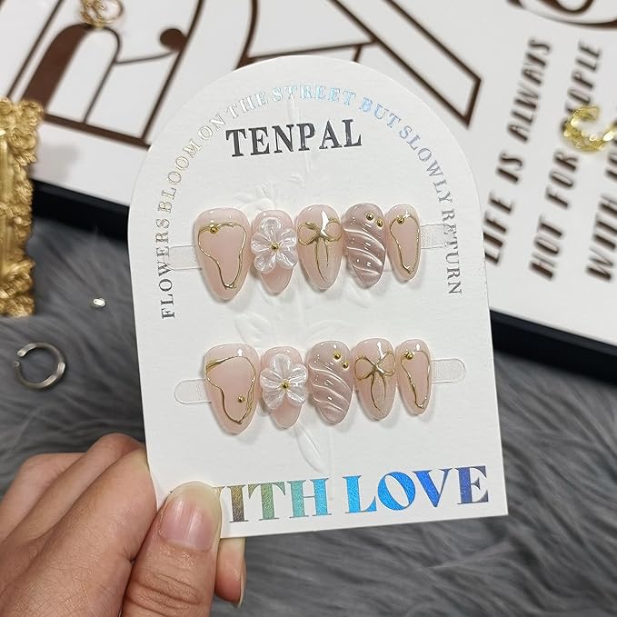 10Pcs Short Almond Oval Press On Nails With Tools,Nude Pink Fake Nails with 3D Flowers & Cat Eye Designs,Glitter Gold Edge Glue on Nails, Glossy Handmade Acrylic False Nails for Daily Party(XS)