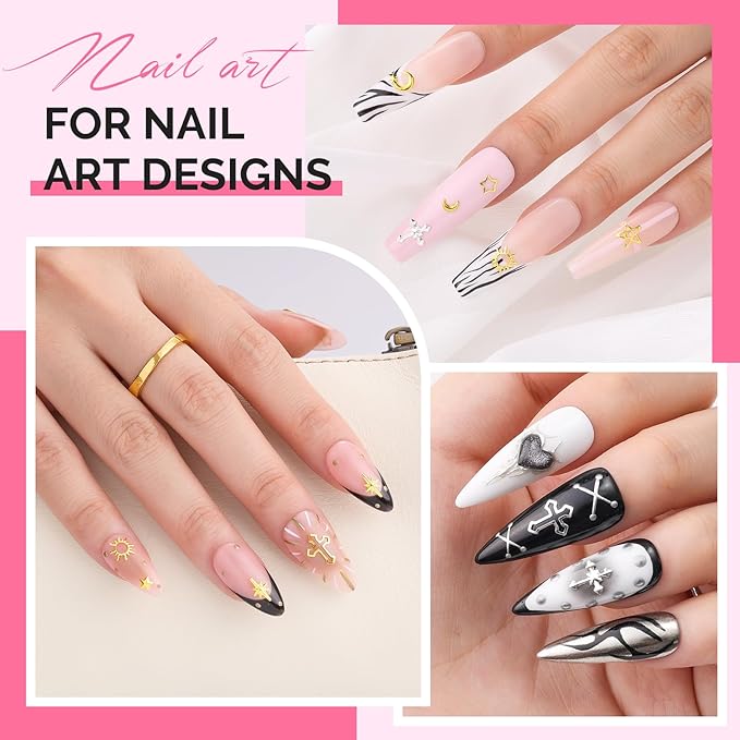 MelodySusie 3D Nail Charms and Gems, 2 Acrylic Boxes Golden Silver Include Alloy Star Sun and Cross Nail Art Studs With Tweezer Tools for Y2K Manicure Nails Design Supplies DIY Crafts Decoration